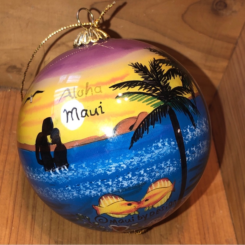 Aloha Maui Reverse Inside Painted Glass Christmas Ornament Lovers Tropical.